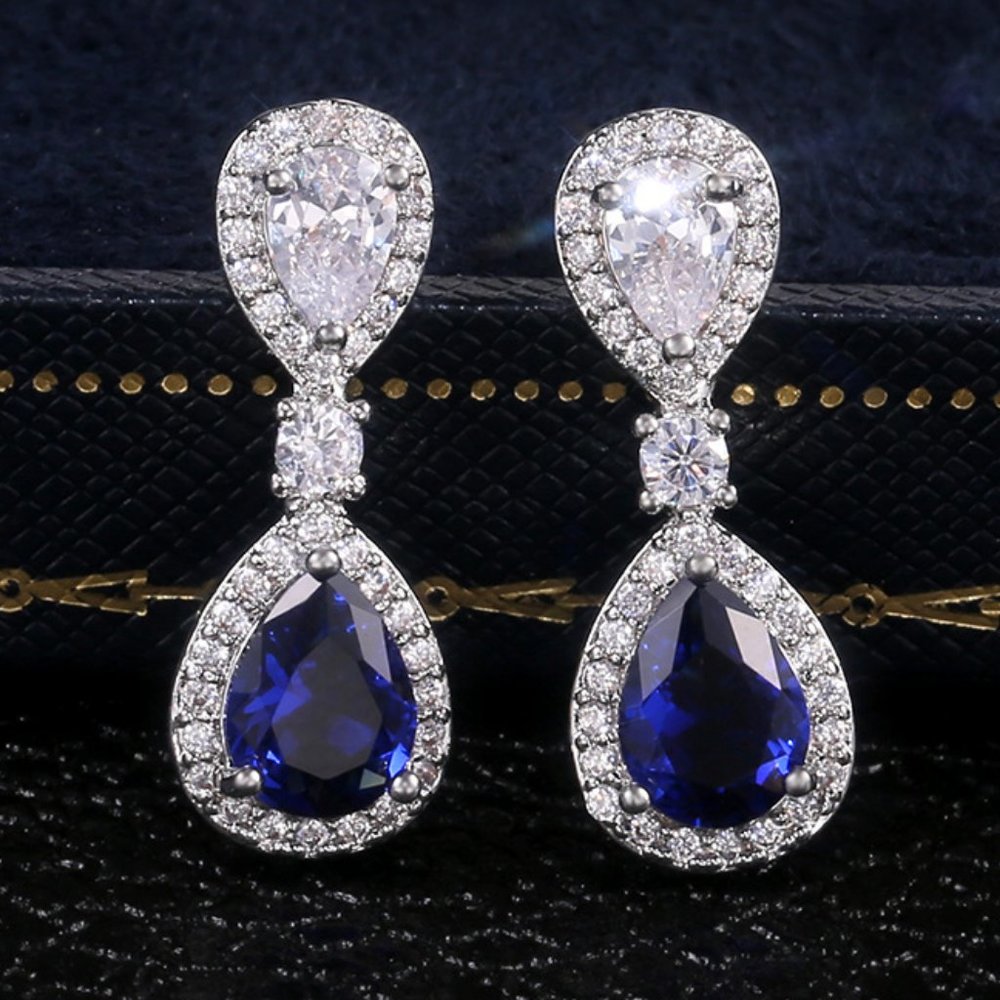 NEW Silver Blue Teardrop Sapphire Diamond Earrings - Picture 1 of 7